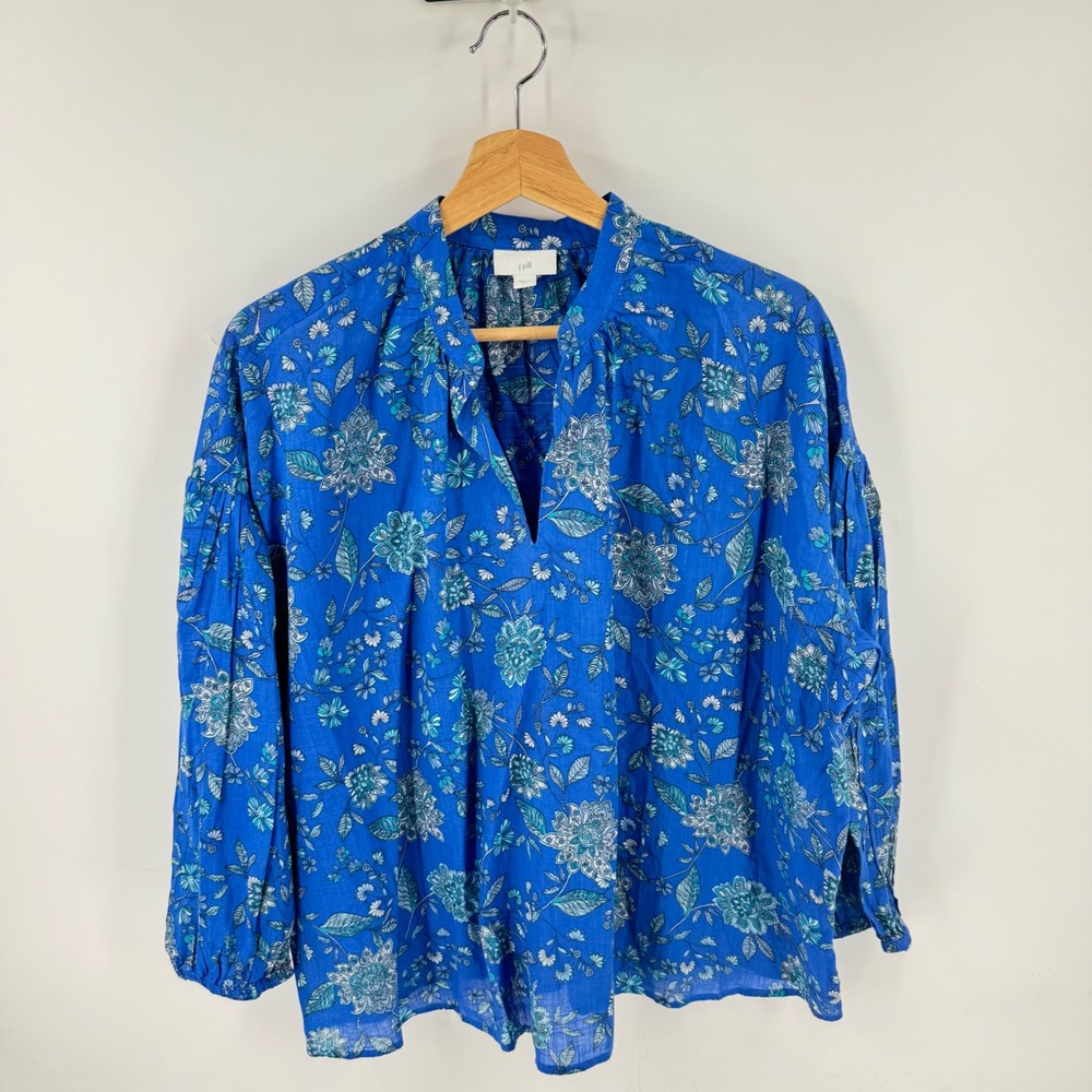 J. Jill Blue Floral Boho Split Neck Top Size M Breezy Flowy Botanical Breathable